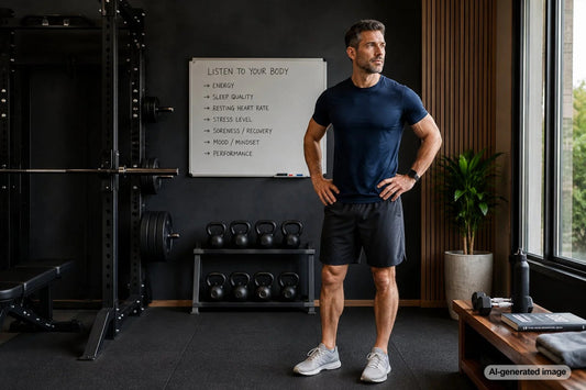 Adult listening to body signals during a mindful fitness routine