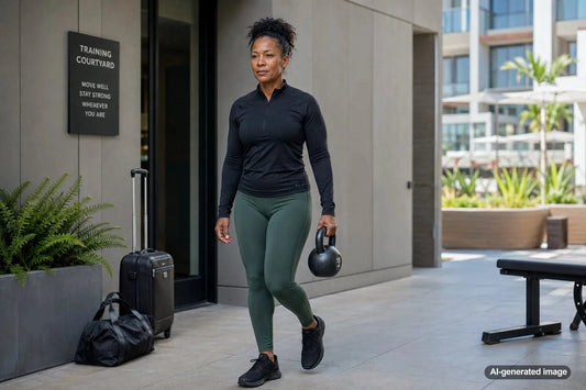 Adult maintaining leg strength with a travel-friendly workout
