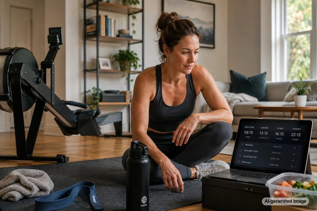 Traveler maintaining a fitness routine across multiple time zones