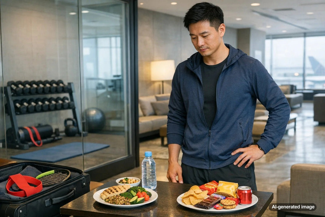 Traveler planning balanced meals and snacks while away from home