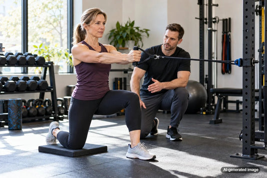 Adult performing a controlled strength exercise with an emphasis on joint-friendly progression