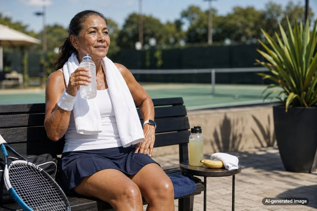 Older tennis player recovering between matches