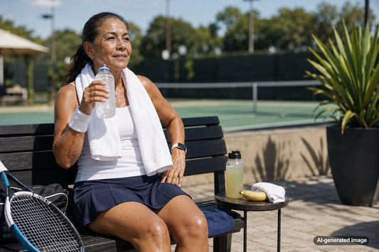 Older tennis player recovering between matches