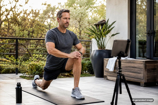 Adult performing a controlled strength exercise while accommodating an old sports injury