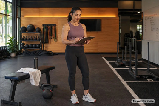Active adult performing sustainable athletic strength training in a modern gym