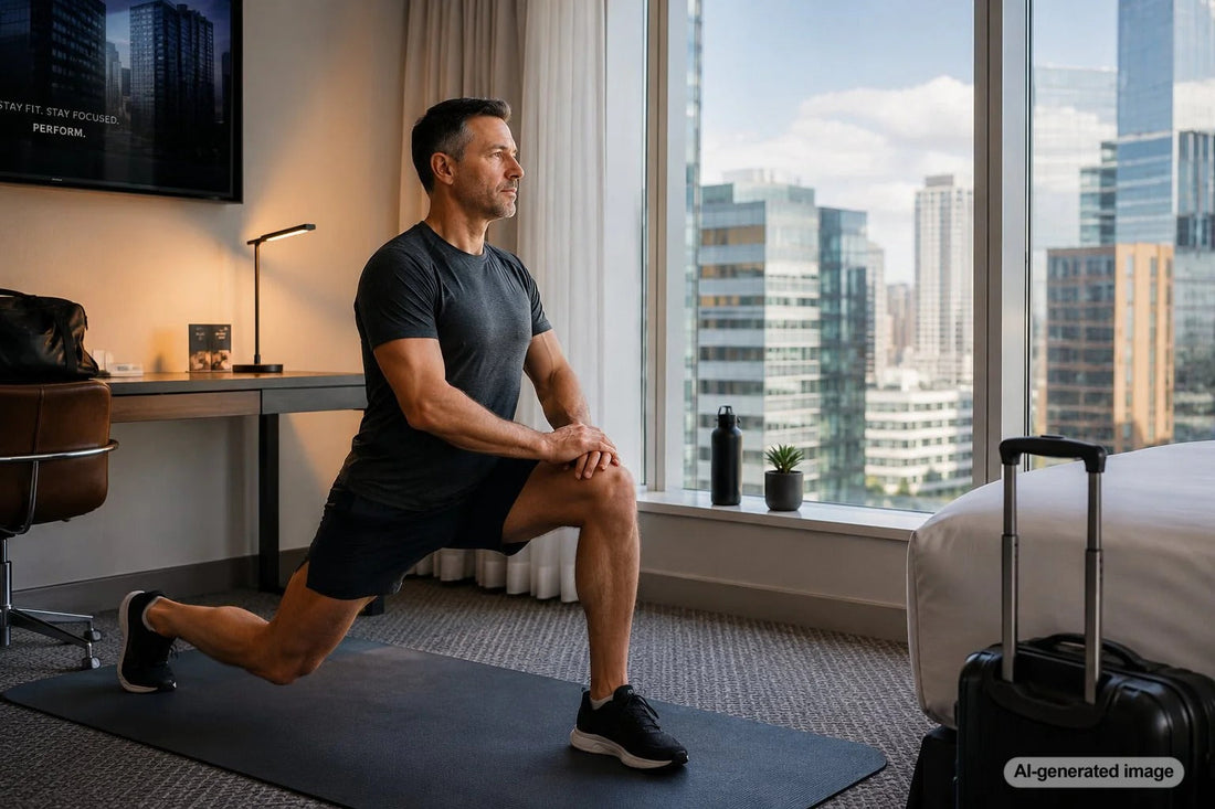 Business traveler staying active during an international trip