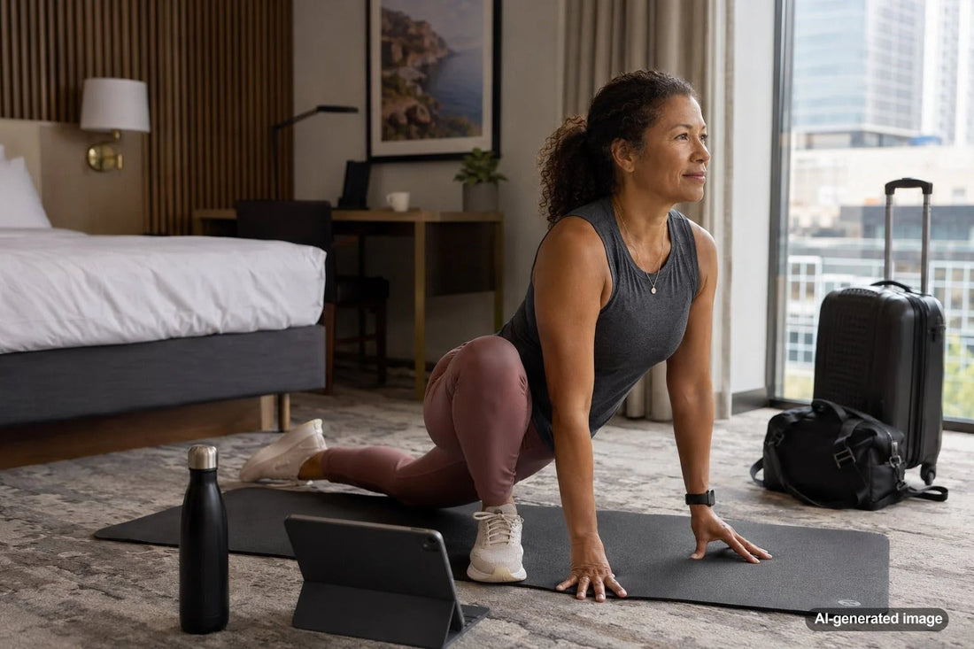 Traveler doing simple bodyweight training and mobility exercises in a hotel room
