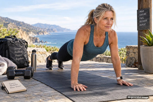 Adult maintaining strength training while away from a regular gym