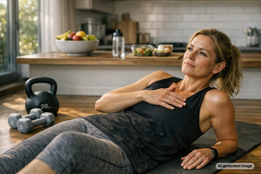 Woman resting on an exercise mat at home beside dumbbells and a kettlebell