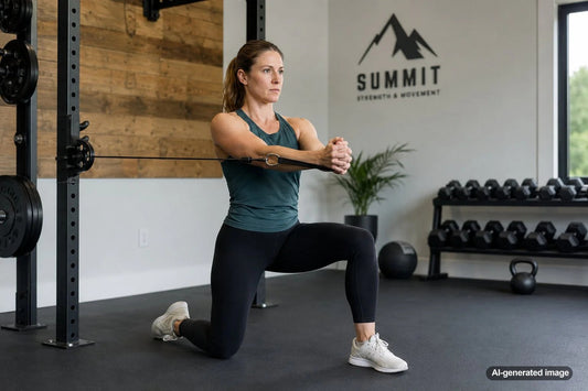 Adult performing a controlled oblique strengthening exercise