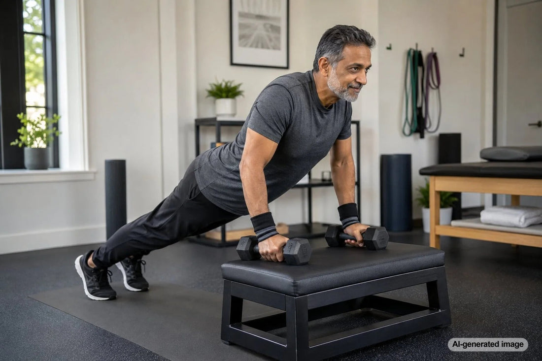 Adult modifying a strength exercise to keep the wrist comfortable