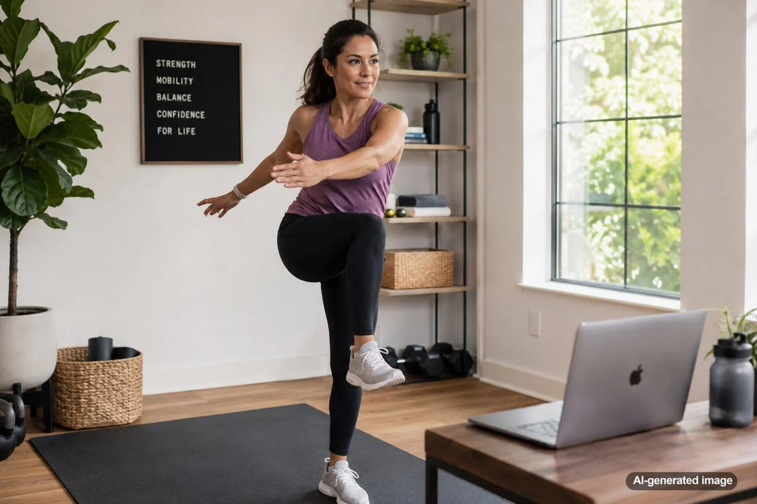 Adult practicing a controlled coordination exercise in a fitness setting
