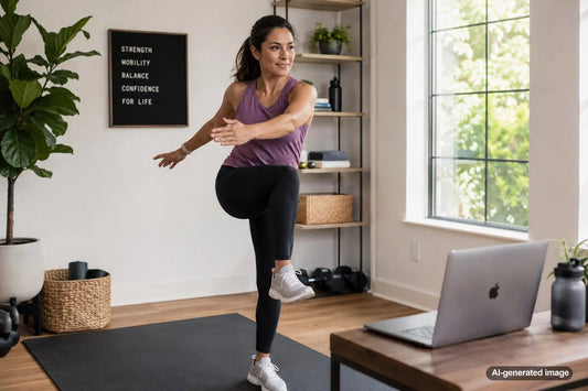 Adult practicing a controlled coordination exercise in a fitness setting