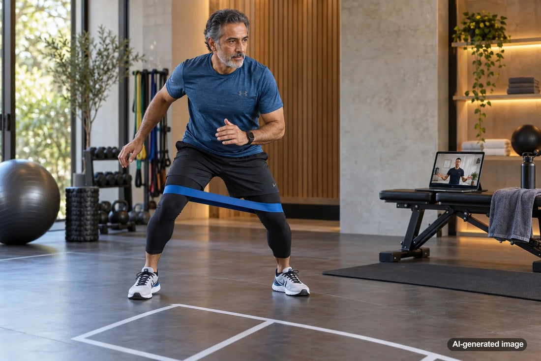 Adult tennis player training lateral court movement and controlled footwork