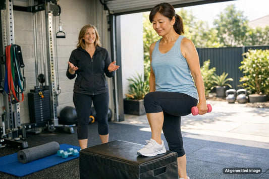 Adult performing a shoulder-friendly strength exercise in a gym