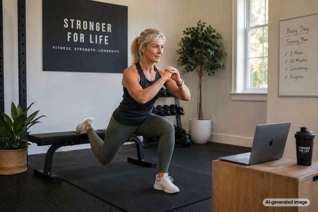Adult preparing for a short strength workout during a busy day