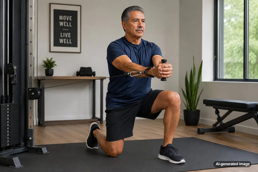 Adult practicing controlled breathing during a core exercise