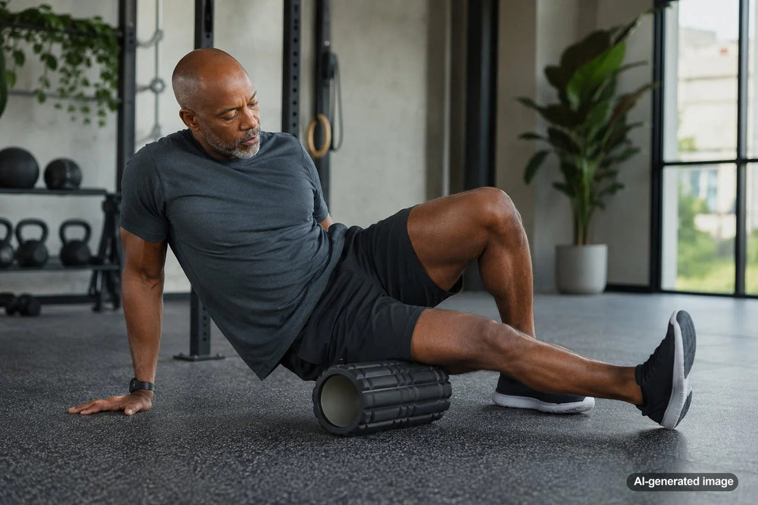 Person using a foam roller on tight quads