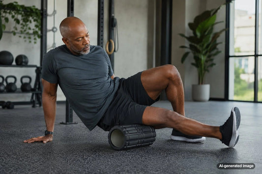 Person using a foam roller on tight quads