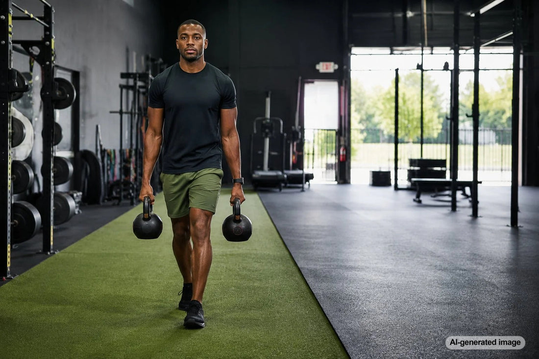 Person performing farmer's carries with weights