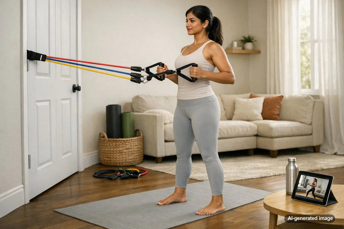 Adult using resistance bands for strength training at home