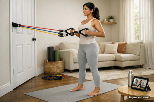 Adult using resistance bands for strength training at home
