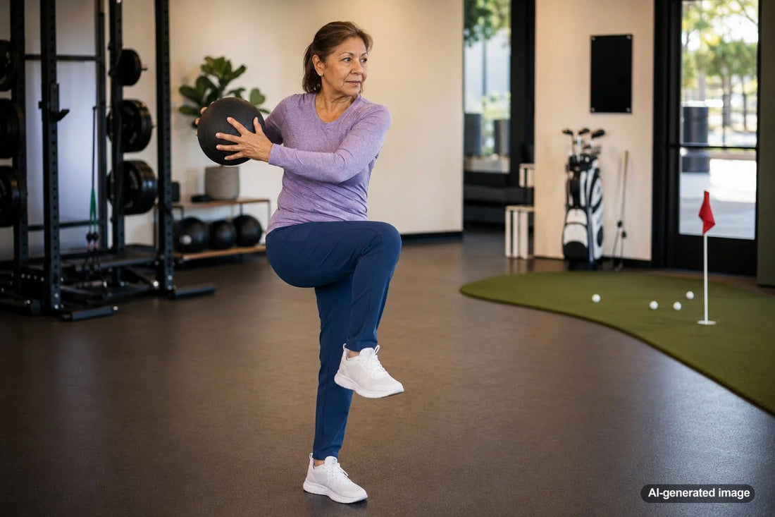Golfer focusing on balance and stability during a putting stroke on the green