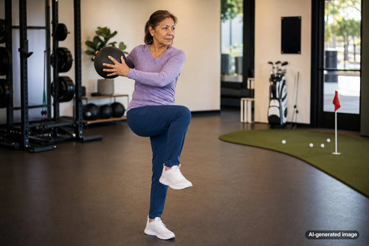 Golfer focusing on balance and stability during a putting stroke on the green