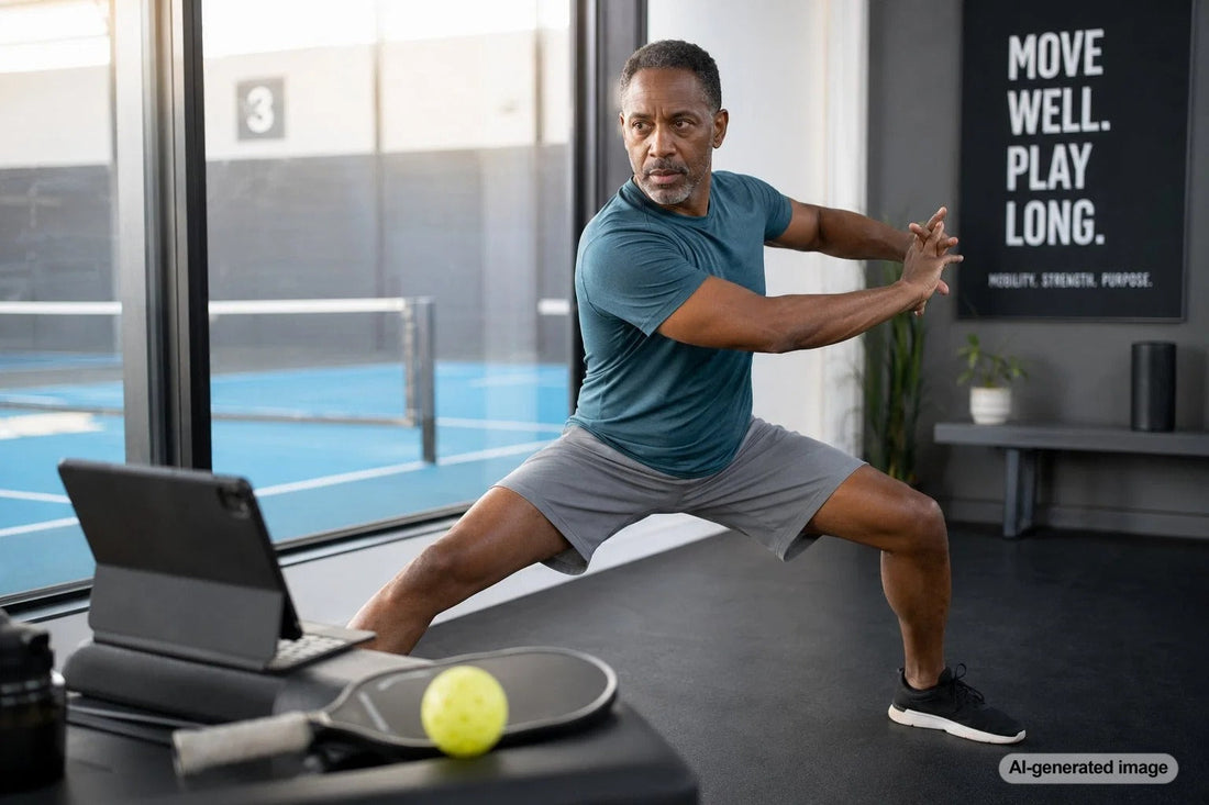 Pickleball player over 50 performing mobility drills before a game