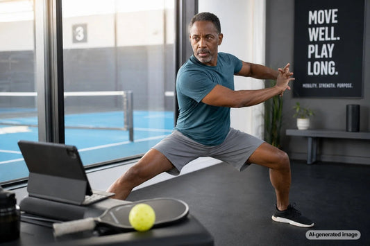 Pickleball player over 50 performing mobility drills before a game