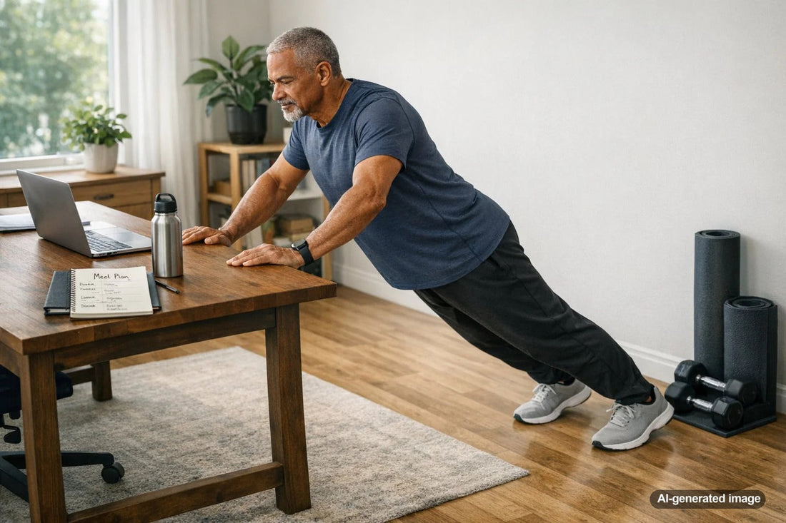 Adult exercising with controlled movement for strength and mobility