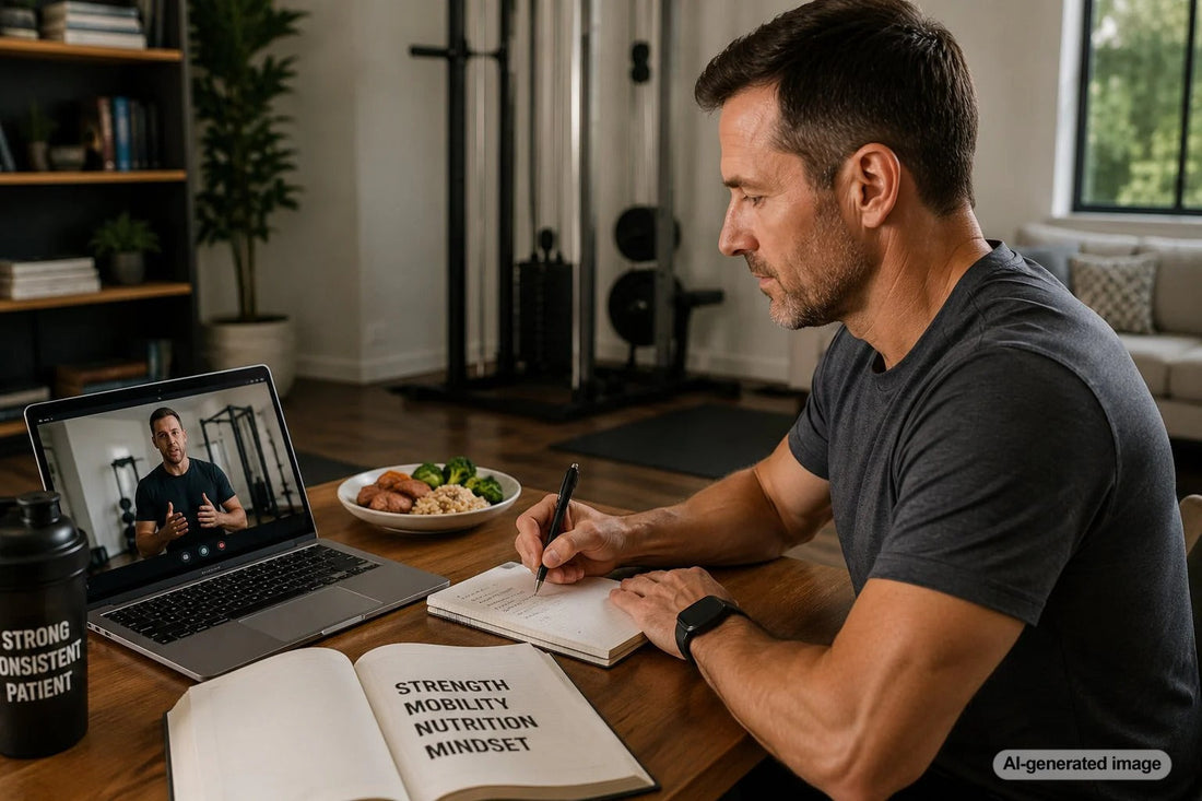 Person comparing online coaching and in-person personal training options