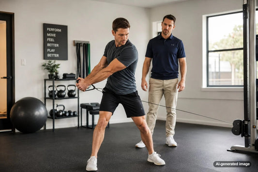 Golfer training with a personal trainer to improve strength, mobility, and swing flexibility