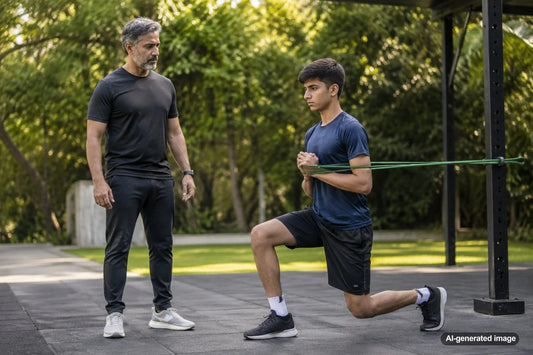 Teen working with a personal trainer on strength and healthy exercise habits
