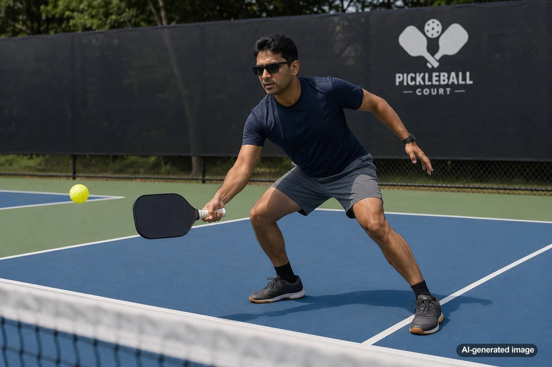 Pickleball player practicing balance and paddle control near the kitchen line