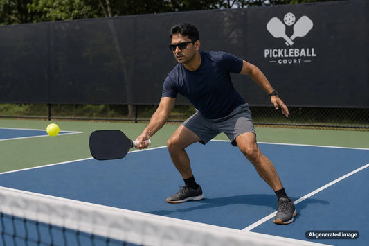 Pickleball player practicing balance and paddle control near the kitchen line