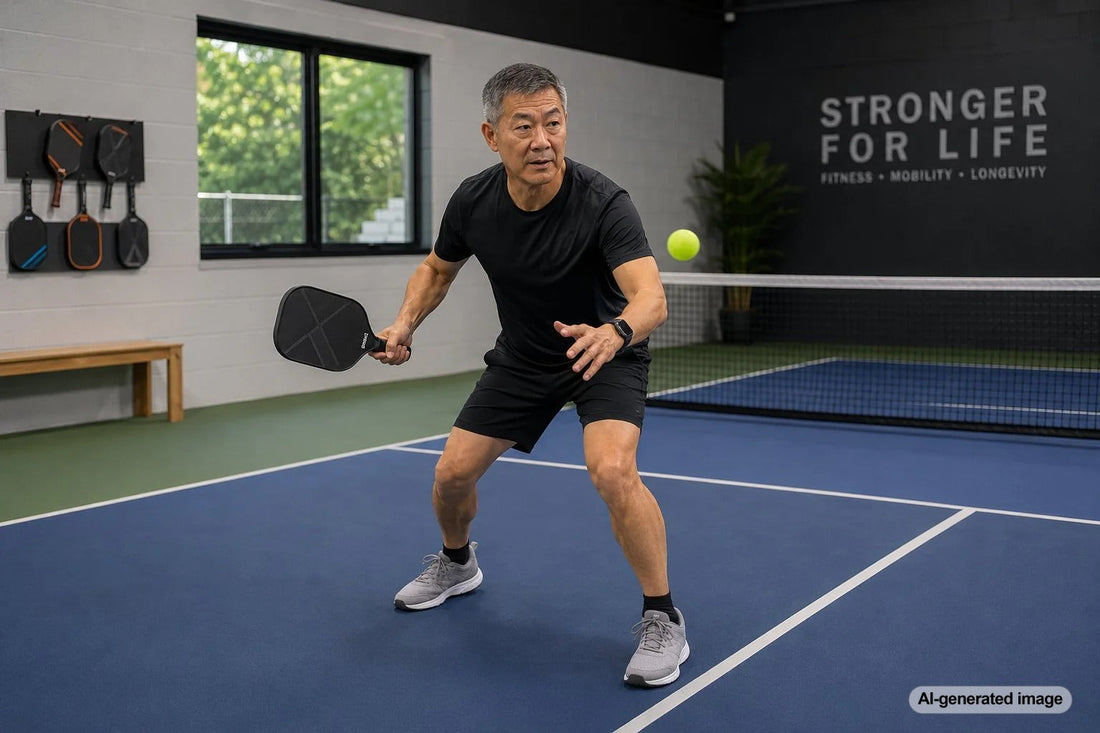 Pickleball player preparing for a quick reaction on the court
