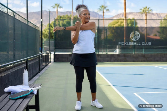 Pickleball player recovering between games with light mobility work