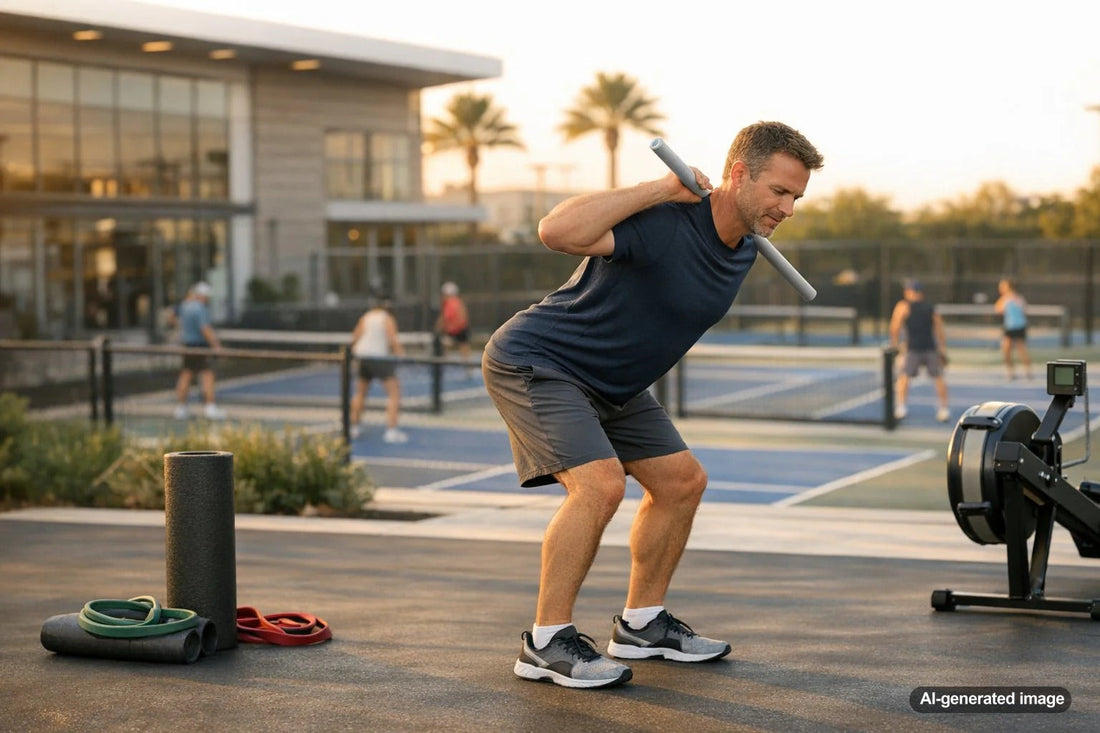 Pickleball player managing lower back stiffness after a long tournament