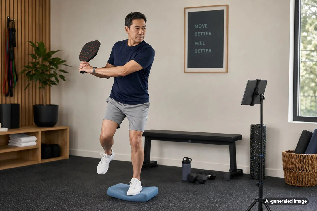 Pickleball player practicing balance and shot control on court