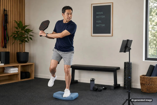 Pickleball player practicing balance and shot control on court
