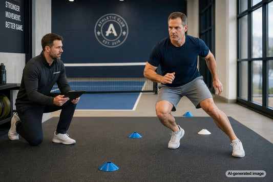 Adult pickleball player practicing controlled movement to support knee-friendly court performance