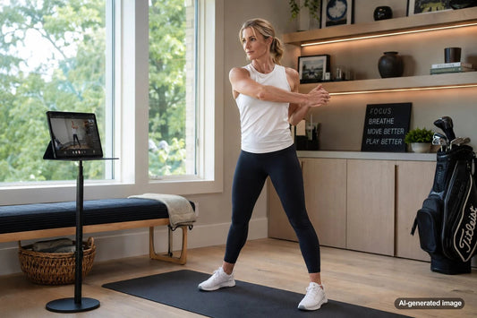 Amateur golfer warming up to support lower back comfort before a round