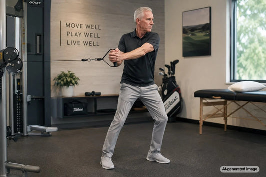 Mature golfer practicing rotational power and controlled swing mechanics