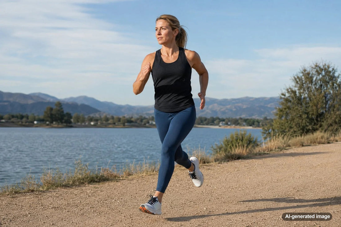 Runner practicing efficient arm drive while jogging outdoors