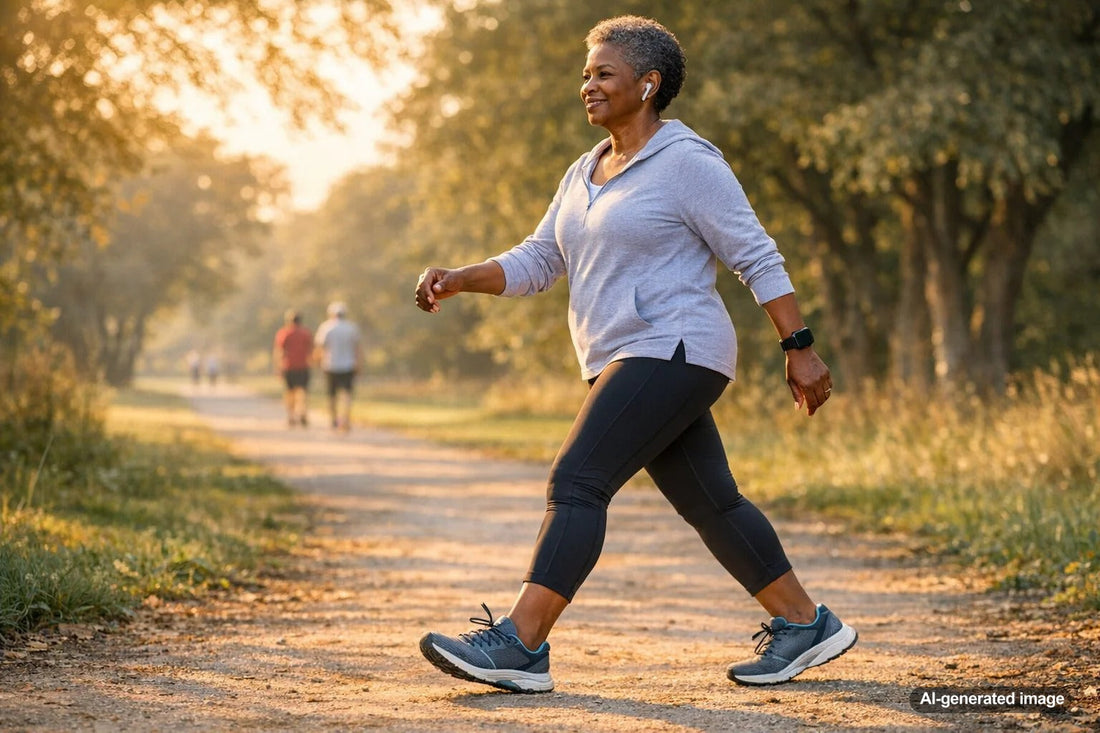 Person power walking outdoors for joint-friendly fitness