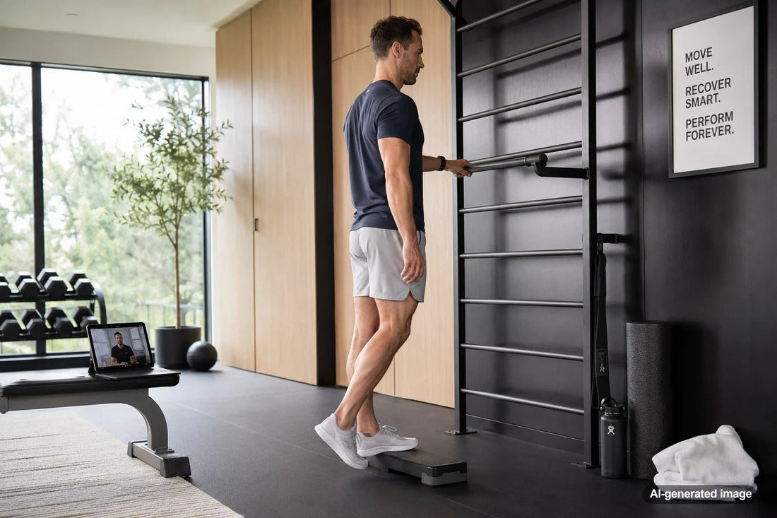 Runner monitoring Achilles tendon discomfort near the heel