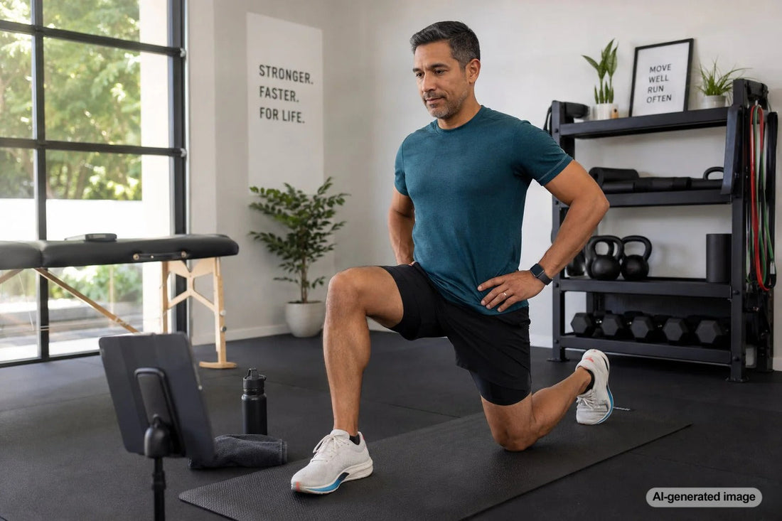 Adult runner performing a strength exercise as part of a short training routine
