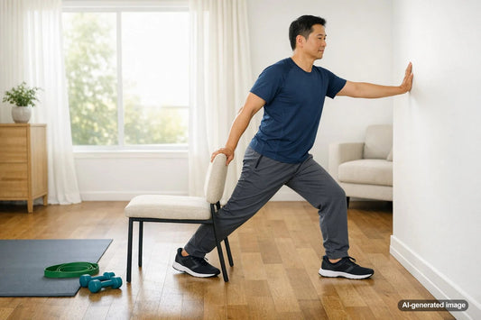 Adult doing safe home mobility exercises with support