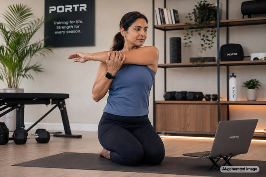 Tennis player preparing shoulders with a mobility drill